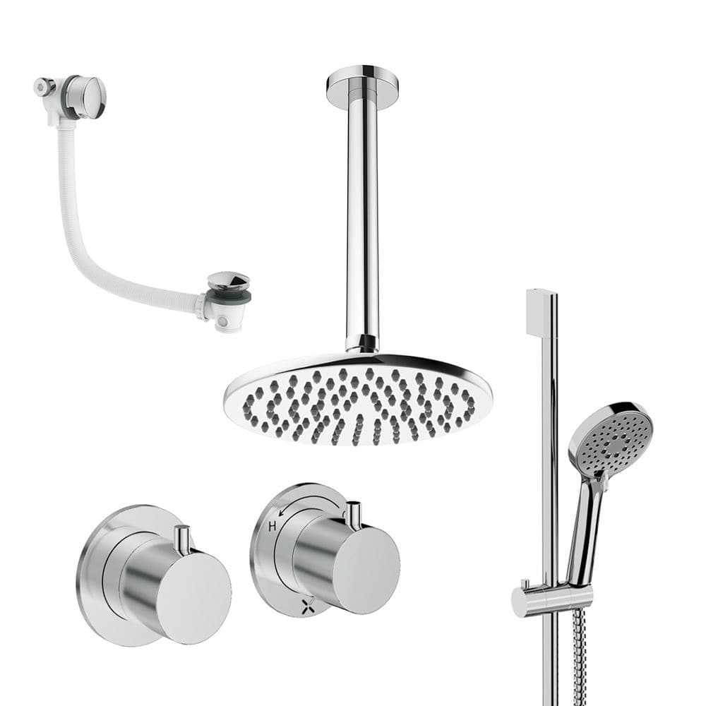 UK Bathroom Store Concealed Shower Set Chrome / Ceiling Arm / 200mm Crosswater Module Shower Set 7 - 3 Outlet with Riser Rail Kit, Overhead Shower and Overflow Bath Filler