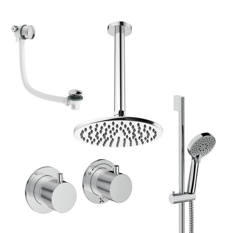 UK Bathroom Store Concealed Shower Set Chrome / Ceiling Arm / 200mm Crosswater Module Shower Set 7 - 3 Outlet with Riser Rail Kit, Overhead Shower and Overflow Bath Filler