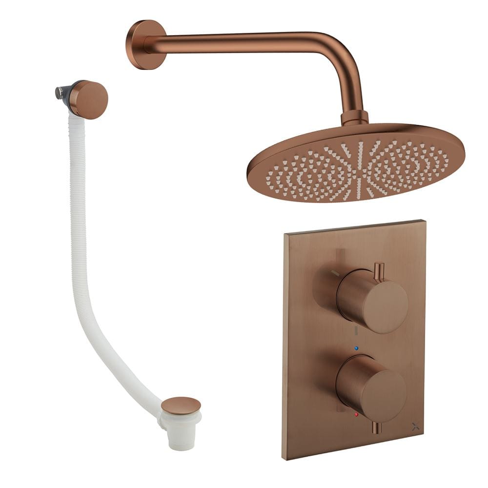 UK Bathroom Store Concealed Shower Set Brushed Bronze / Wall Arm / 300mm Crosswater Crossbox Shower Set 7 - 2 Outlet with Fixed Overhead Shower and Overflow Bath Filler Waste