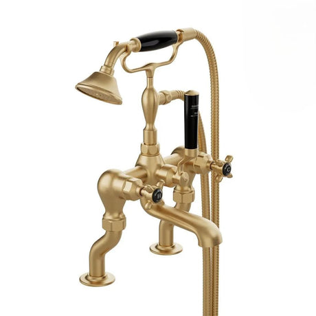 Vado Bath Shower Mixer Brushed Brass/Black Booth & Co. Axbridge Crosshead Deck Mounted Bath Shower Mixer with Traditional Shower Handset