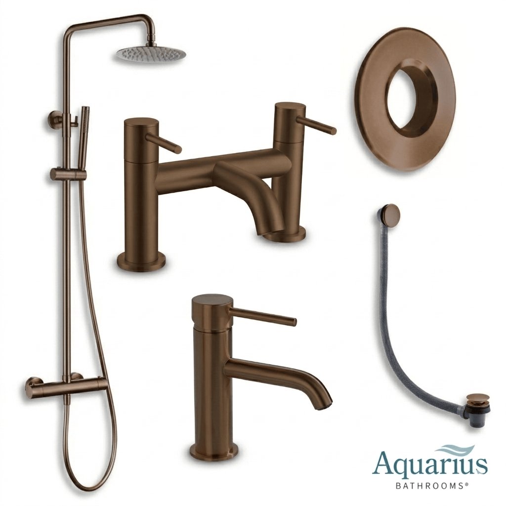 Aquarius Bathrooms Exposed Shower Set Brushed Bronze Aquarius RF-Series Complete Shower Brassware Pack with Basin Mixer, Bath Mixer & Exposed Shower