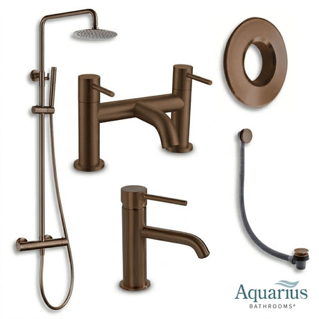 Aquarius Bathrooms Exposed Shower Set Brushed Bronze Aquarius RF-Series Complete Shower Brassware Pack with Basin Mixer, Bath Mixer & Exposed Shower