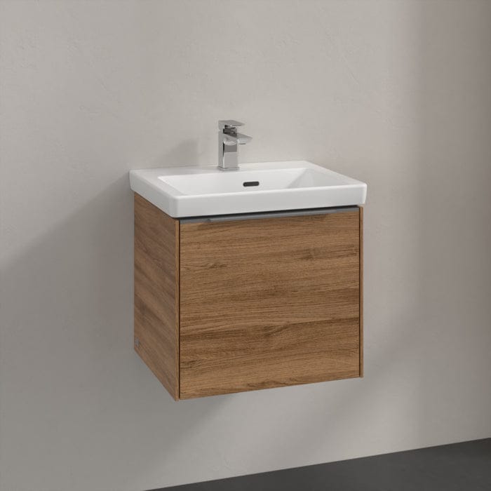 Villeroy & Boch Wall Mounted Vanity Unit Oak Kansas with Chrome Handles Villeroy & Boch Subway 3.0 Wall Hung 500mm One Drawer Vanity Unit with Basin
