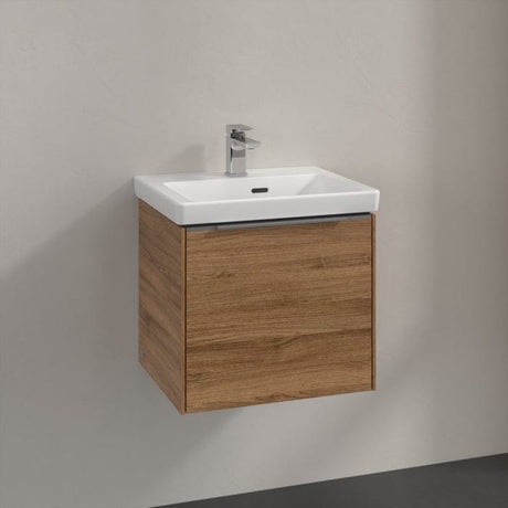 Villeroy & Boch Wall Mounted Vanity Unit Oak Kansas with Chrome Handles Villeroy & Boch Subway 3.0 Wall Hung 500mm One Drawer Vanity Unit with Basin