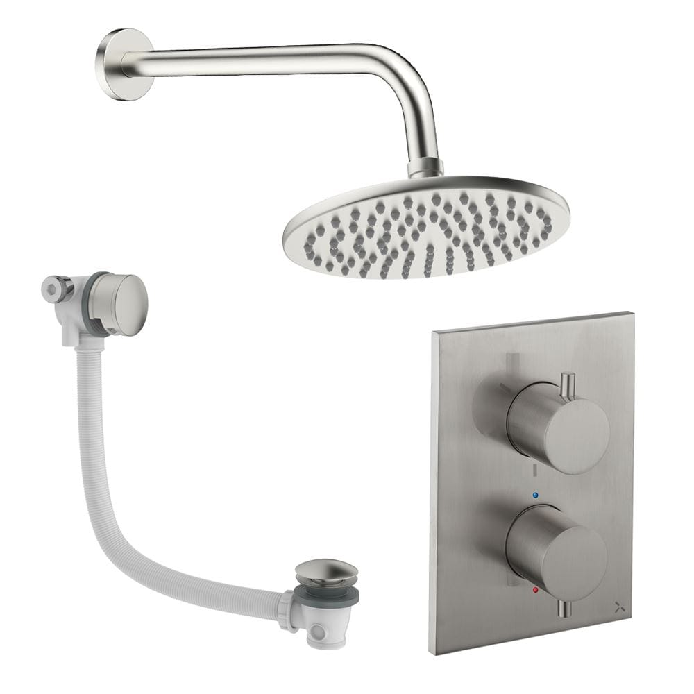 UK Bathroom Store Concealed Shower Set Brushed Nickel / Wall Arm / 200mm Crosswater Crossbox Shower Set 7 - 2 Outlet with Fixed Overhead Shower and Overflow Bath Filler Waste