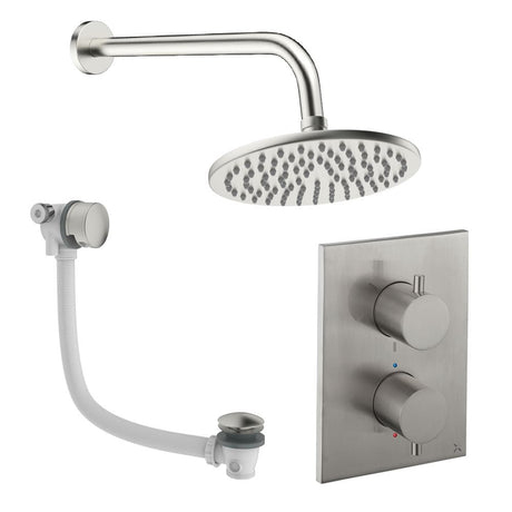 UK Bathroom Store Concealed Shower Set Brushed Nickel / Wall Arm / 200mm Crosswater Crossbox Shower Set 7 - 2 Outlet with Fixed Overhead Shower and Overflow Bath Filler Waste