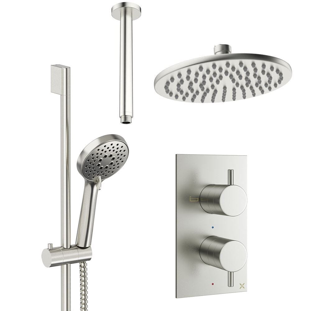 Crosswater Concealed Shower Set Brushed Nickel / Ceiling Arm / 200mm Crosswater Design 2 Handle 2 Outlet Shower Set 4 with Rainfall Head and Slide Rail Kit
