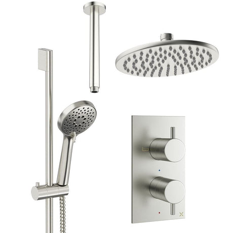 Crosswater Concealed Shower Set Brushed Nickel / Ceiling Arm / 200mm Crosswater Design 2 Handle 2 Outlet Shower Set 4 with Rainfall Head and Slide Rail Kit