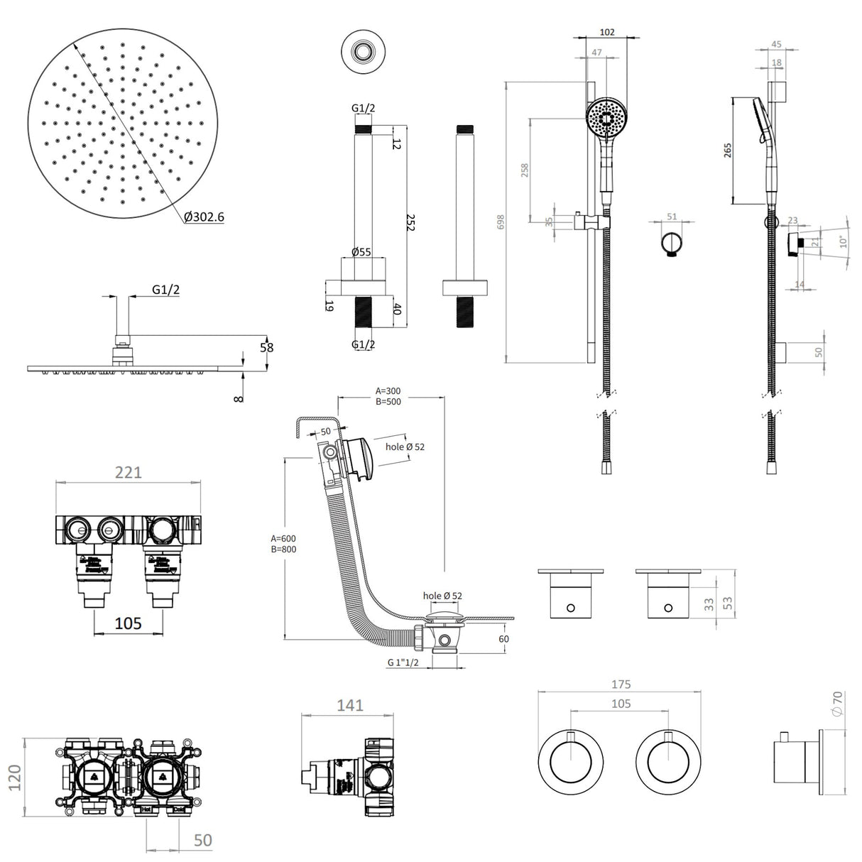 UK Bathroom Store Concealed Shower Set Crosswater Module Shower Set 7 - 3 Outlet with Riser Rail Kit, Overhead Shower and Overflow Bath Filler