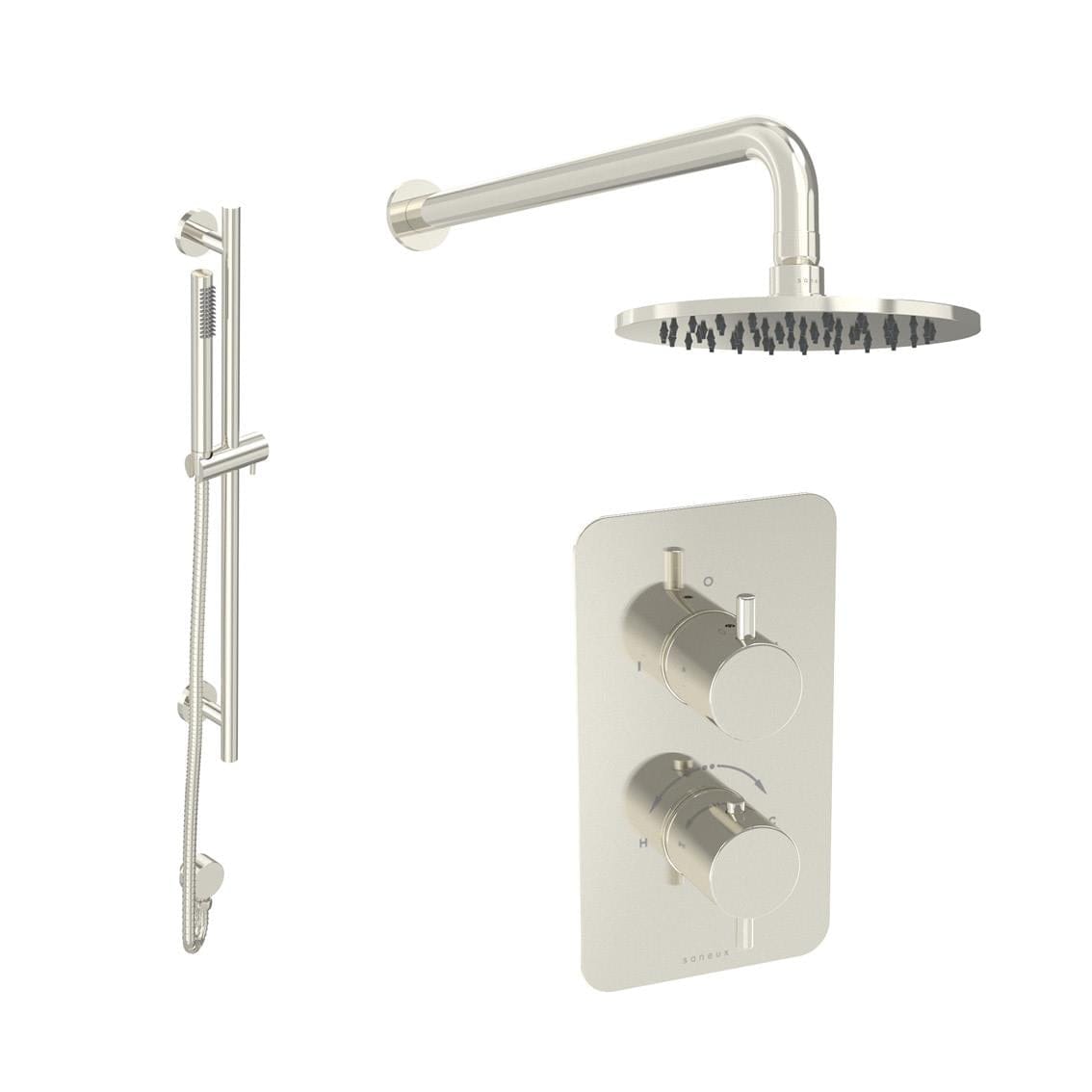 Saneux Concealed Shower Set Brushed Nickel Saneux COS 2 Outlet, 2 Handle Concealed Shower Valve Kit with Pencil Handset, Shower Head and Slider Rail