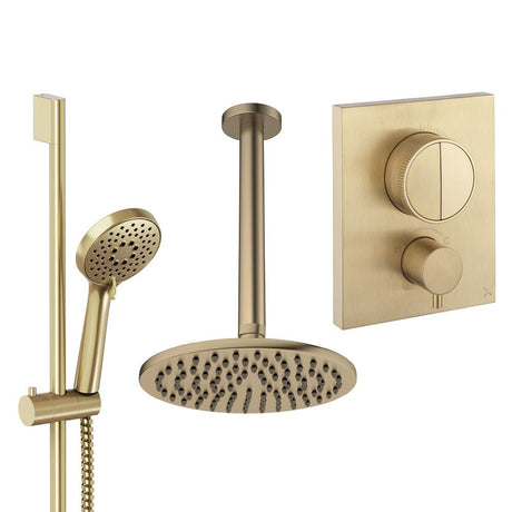UK Bathroom Store Concealed Shower Set Brushed Brass / Ceiling Arm / 200mm Crosswater Crossbox Push Shower Set 2 - 2 Outlet with Fixed Overhead Shower and Slide Rail Kit
