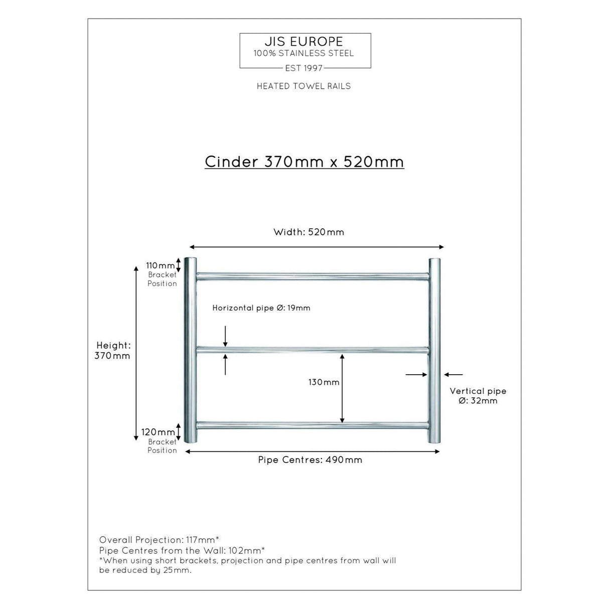 JIS Ladder Rail JIS Sussex Cinder Horizontal Stainless Steel Heated Towel Rail
