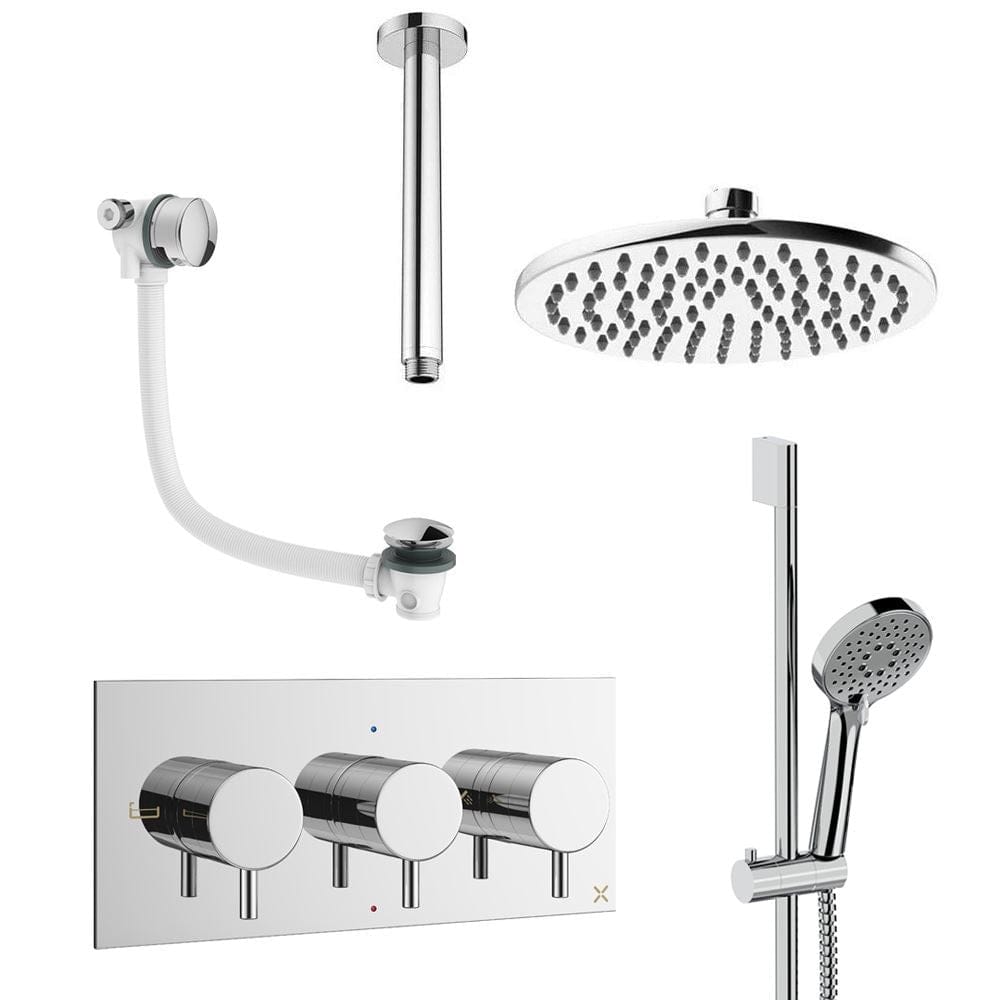 Crosswater Concealed Shower Set Chrome / Ceiling Arm / 200mm Crosswater Design 3 Handle 3 Outlet Shower Set 9 with Slide Rail Kit, Rainfall Head and Overflow Bath Filler