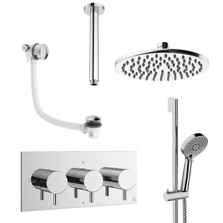 Crosswater Concealed Shower Set Chrome / Ceiling Arm / 200mm Crosswater Design 3 Handle 3 Outlet Shower Set 9 with Slide Rail Kit, Rainfall Head and Overflow Bath Filler
