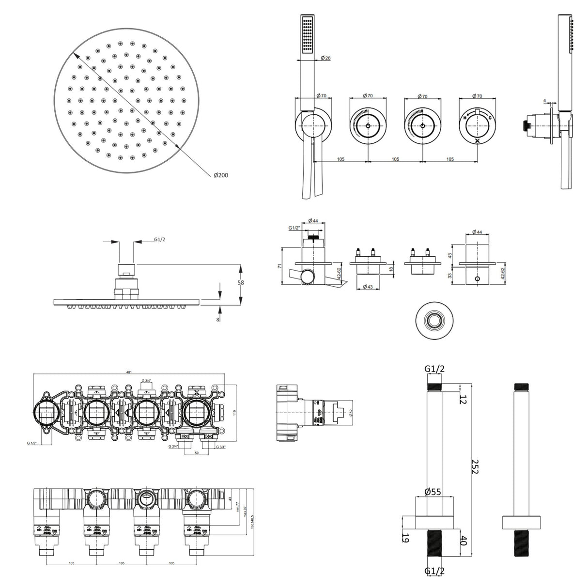 UK Bathroom Store Concealed Shower Set Crosswater Module Shower Set 8 - 2 Outlet with Pencil Handset and Overhead Shower