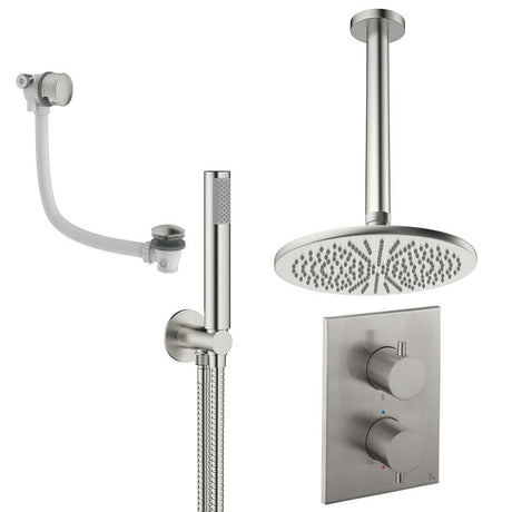 UK Bathroom Store Concealed Shower Set Brushed Nickel / Ceiling Arm / 300mm Crosswater Crossbox Shower Set 9 - 3 Outlet with Fixed Overhead Shower,Pencil Handset and Overflow Bath Filler Waste