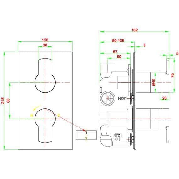 Crosswater Concealed Shower Valve Crosswater Wisp 1 Outlet, 2 Handle Concealed Thermostatic Shower Valve in Chrome