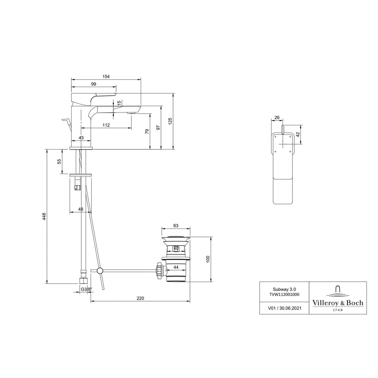 Villeroy & Boch Cloakroom Tap Villeroy & Boch Subway 3.0 Mini Basin Mixer Tap with Pop-Up Waste in Matt Black