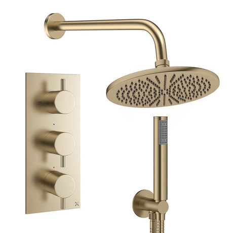 Crosswater Concealed Shower Set Brushed Brass / Wall Arm / 300mm Crosswater Design 3 Handle 2 Outlet Shower Set 7 with Pencil Handset and Rainfall Shower Head