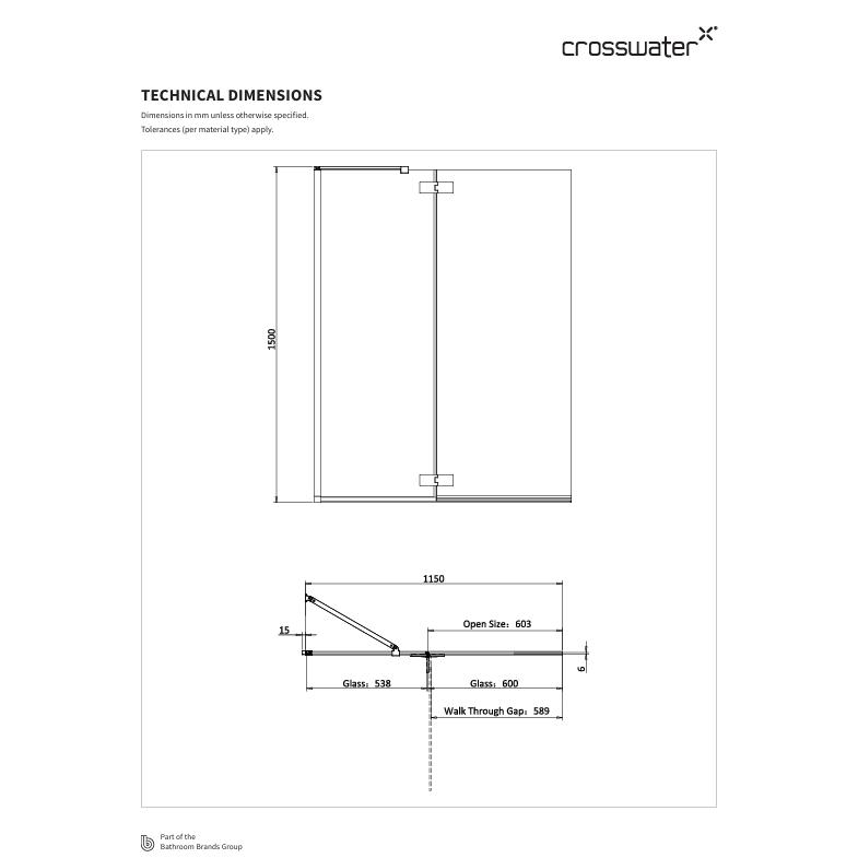 Crosswater Bath Screen Crosswater Clear 6 Double Panel Bath Screen - 1150mm - Brushed Brass