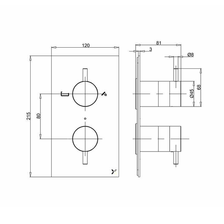 Crosswater Concealed Shower Valve Crosswater MPRO 2 Outlet, 2 Handle Portrait Concealed Thermostatic Shower Valve (Bath/Handset)