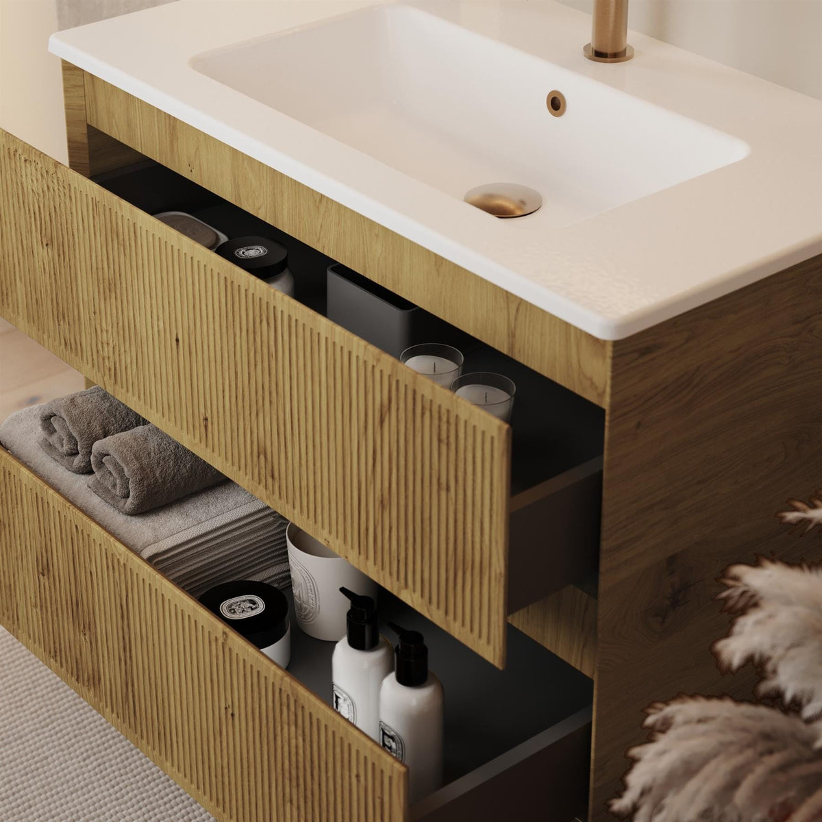 Saneux Wall Mounted Vanity Unit Saneux Monument 800mm Wall Mounted Two Drawer Vanity Unit in Portland Oak with Basin or Worktop