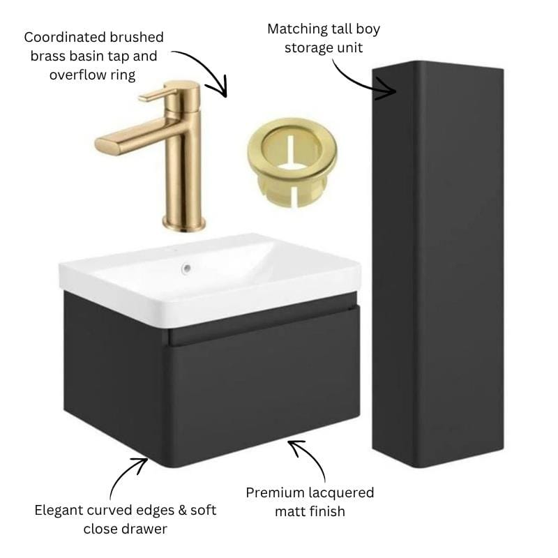 Aquarius Bathrooms Wall Mounted Vanity Unit Aquarius Sophie 605mm Wall Hung Vanity Unit, Tall Boy Storage Unit, Tap and Fittings Bundle