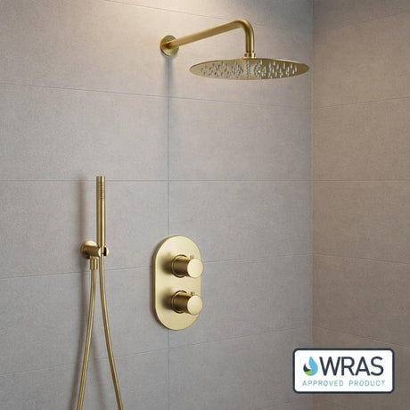 Aquarius Bathrooms Concealed Shower Set Brushed Brass Aquarius RainLux Round 2 Outlet Shower Set with Shower Head and Single Function Handset