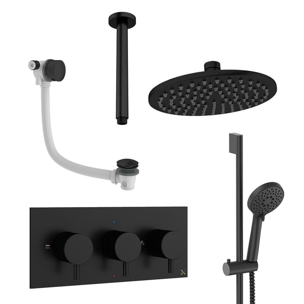 Crosswater Concealed Shower Set Matt Black / Ceiling Arm / 200mm Crosswater Design 3 Handle 3 Outlet Shower Set 9 with Slide Rail Kit, Rainfall Head and Overflow Bath Filler