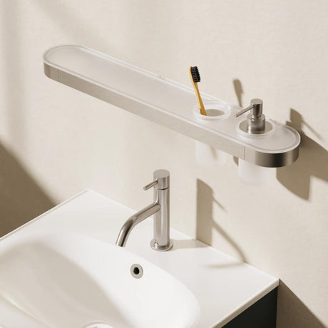 Crosswater Shelf Brushed Nickel Crosswater Velo Shelf, Soap Dispenser and Tumbler Holder