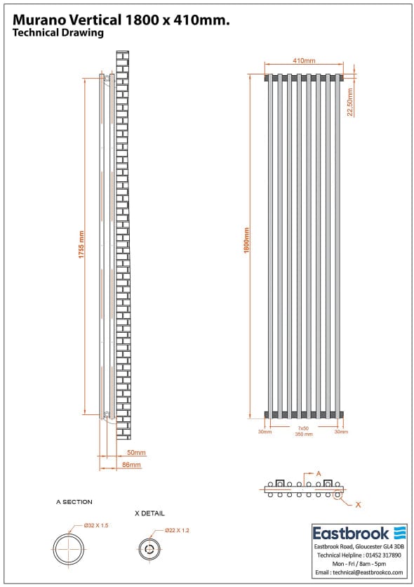 Eastbrook Column Radiator Eastbrook Murano Vertical Designer Radiator in Matt Grey