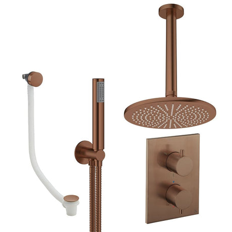 UK Bathroom Store Concealed Shower Set Brushed Bronze / Ceiling Arm / 300mm Crosswater Crossbox Shower Set 9 - 3 Outlet with Fixed Overhead Shower,Pencil Handset and Overflow Bath Filler Waste