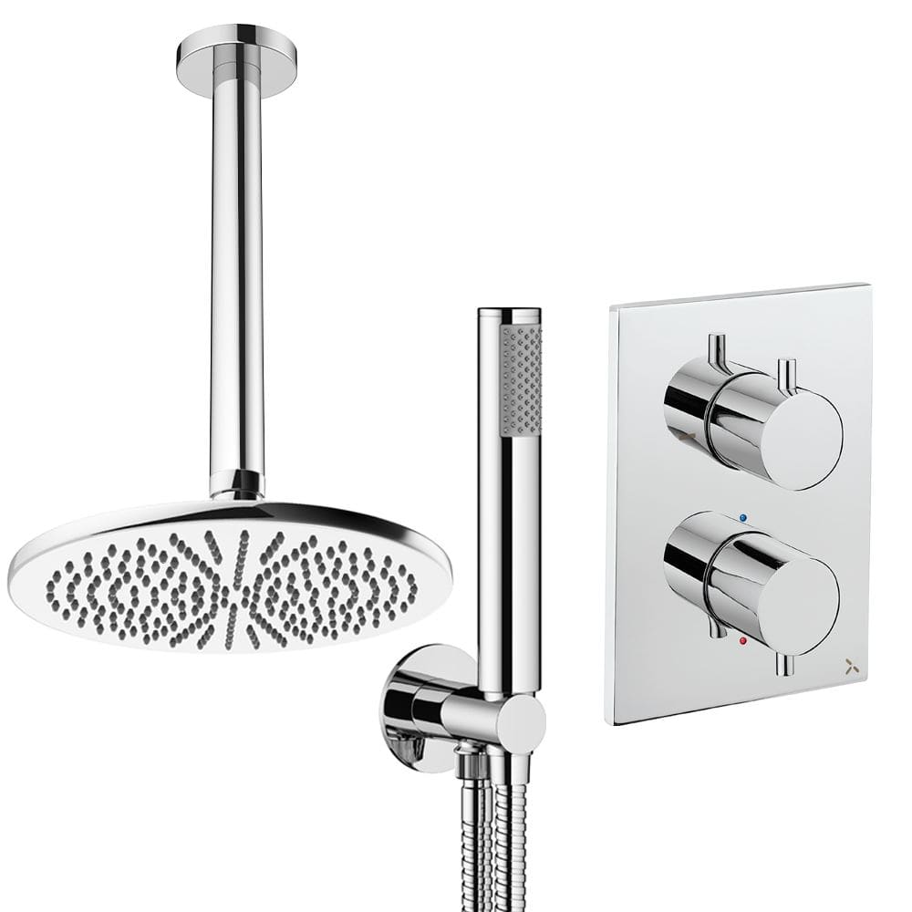 UK Bathroom Store Concealed Shower Set Chrome / Ceiling Arm / 300mm Crosswater Crossbox Shower Set 3 - 2 Outlet with Pencil Handset and Fixed Overhead Shower