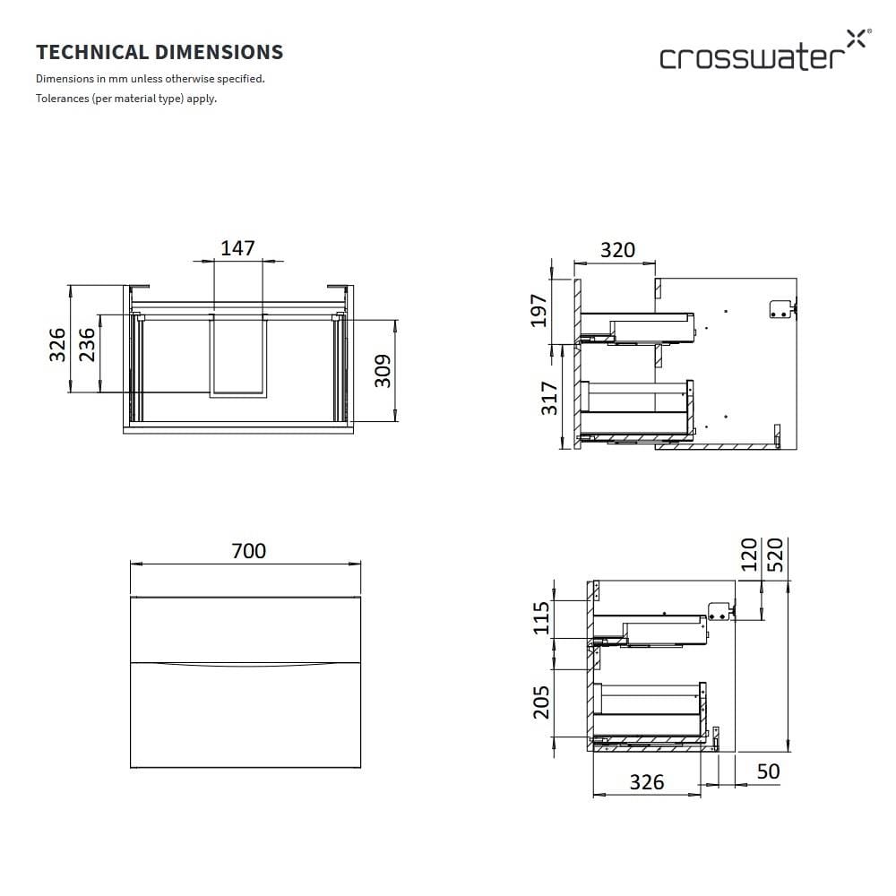 Crosswater Wall Mounted Vanity Unit Crosswater Glide II Wall Mounted Two Drawer Vanity Unit with Worktop