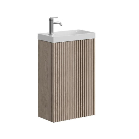 Crosswater Wall Mounted Vanity Unit Crosswater Limit 400mm Cloakroom Wall Mounted Single Door Vanity Unit in Modern Oak with 1 Tap Hole Basin