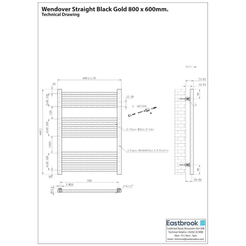 Eastbrook Ladder Rail Eastbrook Wendover Straight Heated Towel Rail in Black Gold