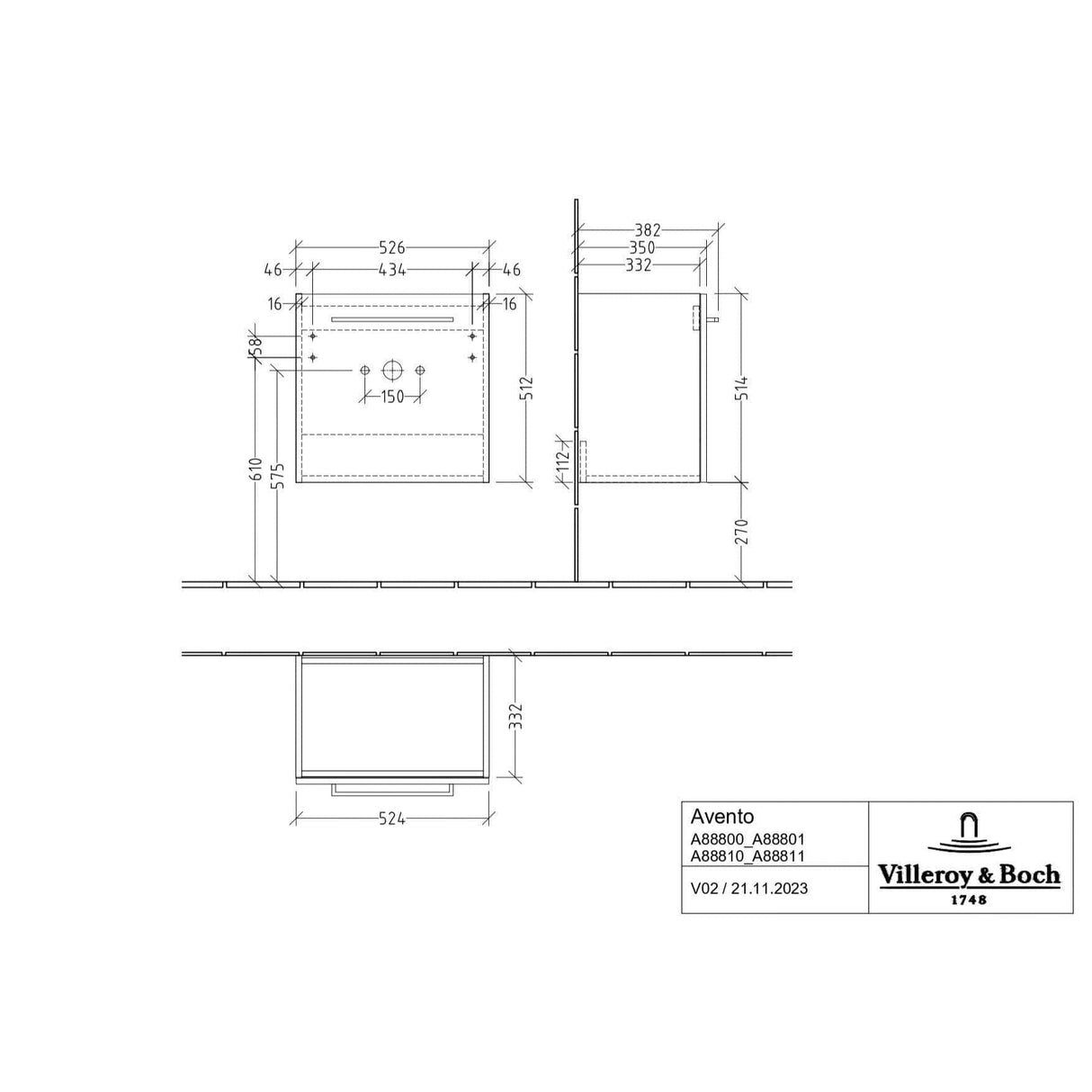 Villeroy & Boch Avento Wall Hung Vanity Unit 530mm One Door with Basin