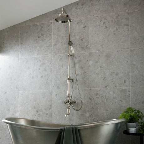 Vado Exposed Shower Set Bright Nickel Booth & Co. Axbridge Exposed Shower Valve Set with Rigid Riser, Shower Head, Handset and Bath Spout