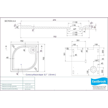 Eastbrook Square Shower Tray 700 x 700mm Eastbrook Vanguard Stone 25mm Square Shower Tray