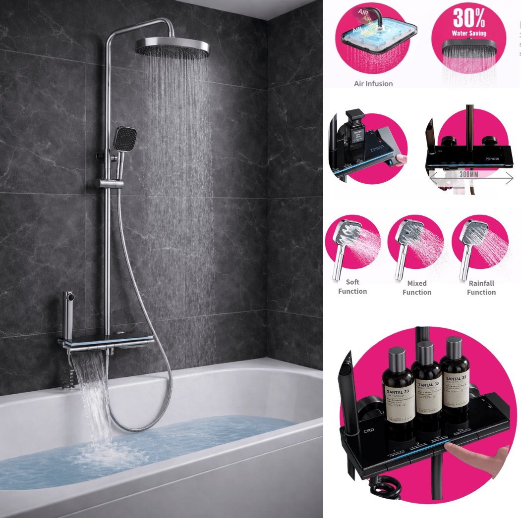Sagittarius Exposed Shower Set Sagittarius Storm 4 Outlet Thermostatic Shower Set with Bath Filler and LED Temperature Display