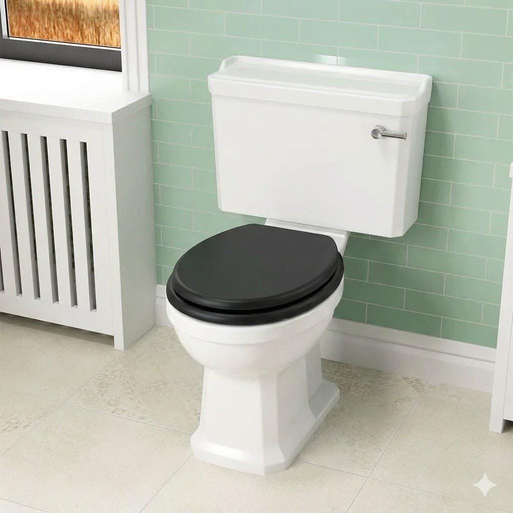 Imex Close Coupled Toilet Black Imex Wyndham Traditional Open Back Close Coupled Toilet with Soft Close Wooden Seat