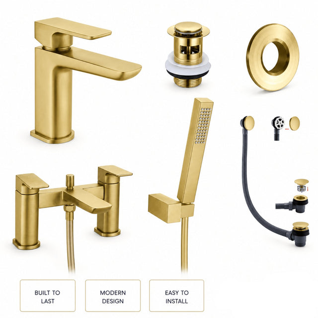 Aquarius Bathrooms Bath Shower Mixer Brushed Brass Aquarius Hydro Complete Bath Brassware Pack with Basin Mixer, Bath and Shower Mixer