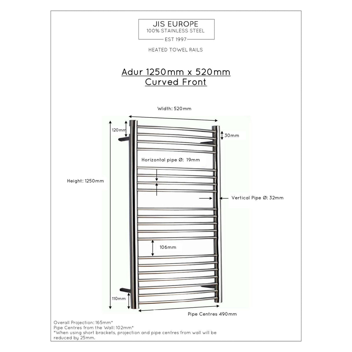 JIS Ladder Rail JIS Sussex Adur Vertical Stainless Steel Curved Heated Towel Rail