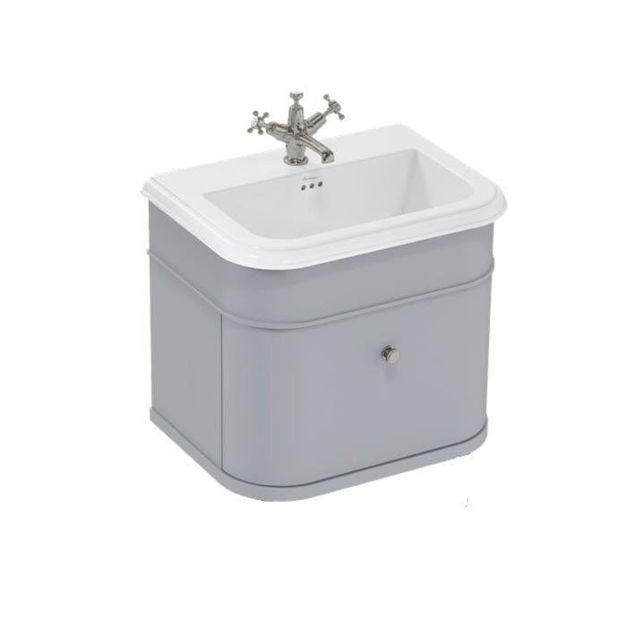 Burlington Wall Mounted Vanity Unit Classic Grey / Natural Stone Roll Top Basin - 1 Tap Hole / Brushed Nickel Burlington Chalfont 650mm Wall Mounted Single Drawer Vanity Unit with Basin