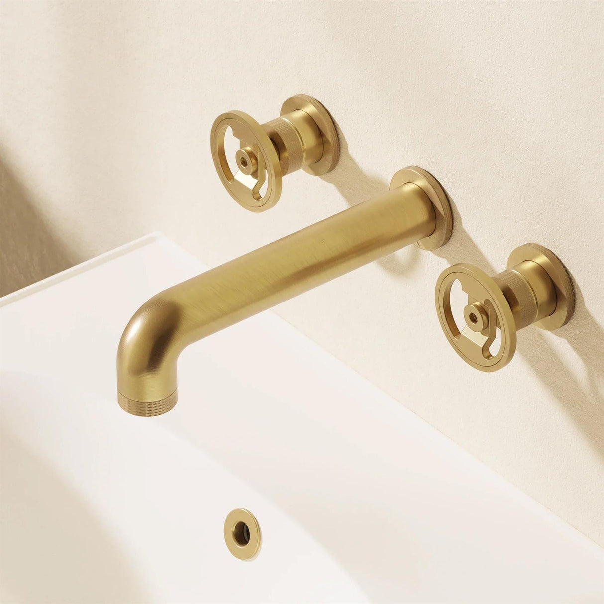 Crosswater Wall Mounted Basin Tap Crosswater Union 3 Hole Wall Mounted Basin Mixer Tap with Wheel Handle in Brushed Brass