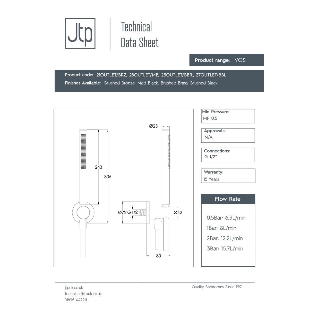 JTP Shower Handset JTP VOS Wall Mounted Designer Round Outlet with Shower Handset and Hose