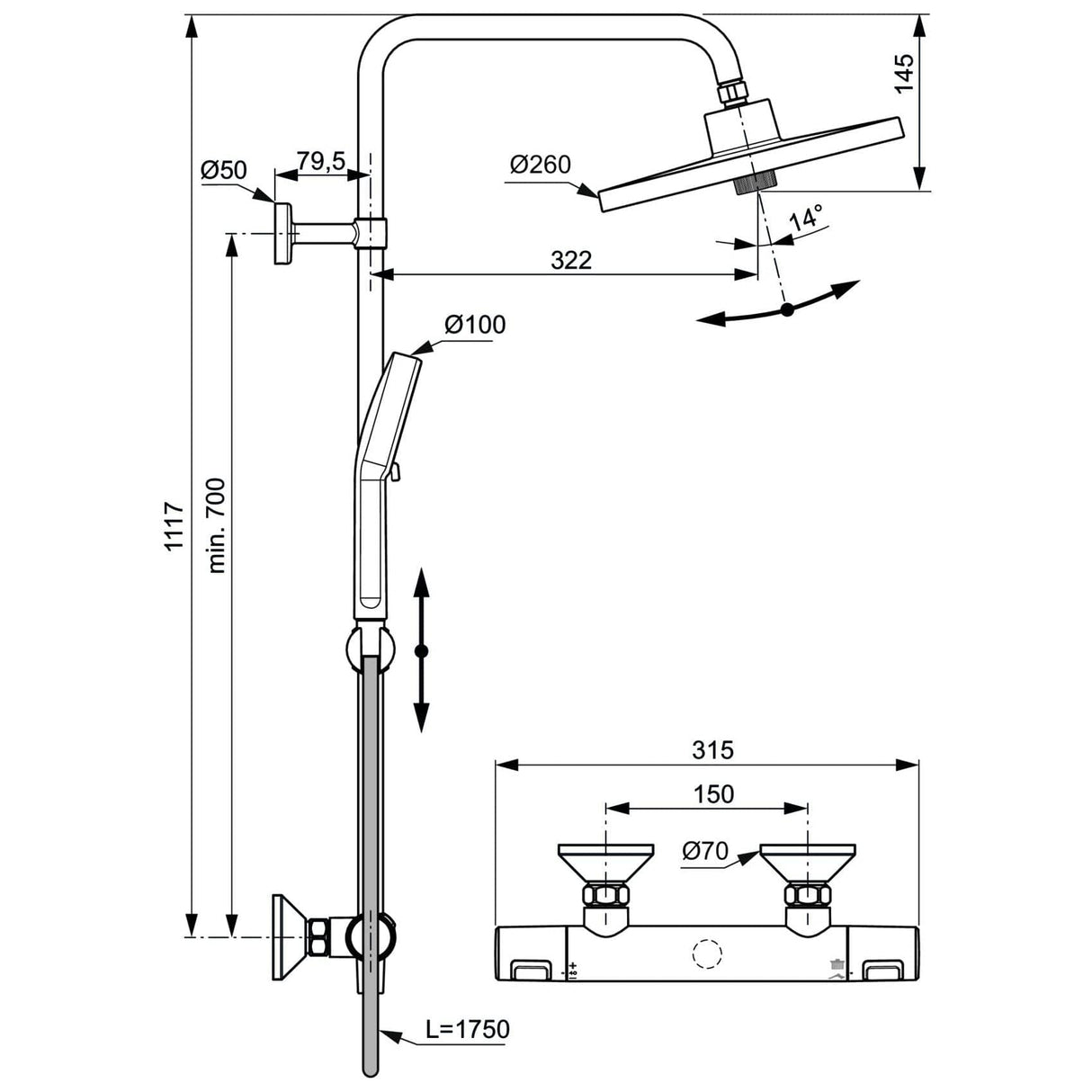 Ideal Standard Exposed Shower Set Ideal Standard Ceratherm T25+ Exposed Thermostatic Shower Valve Set with Showerhead and Handset