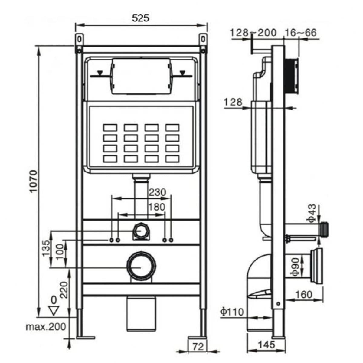 Imex Wall Hung WC Frame Imex Adjustable 1070-1270mm Wall Mounted Frame and Cistern with Stainless Steel Flush Plate