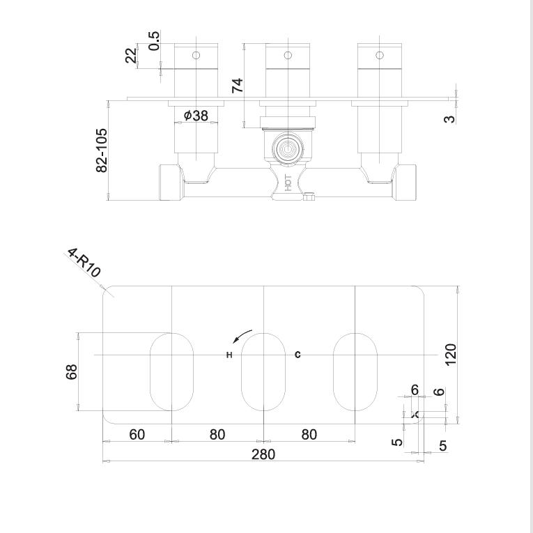 Crosswater Concealed Shower Valve Crosswater Drift 2 Outlet, 3 Handle Horizontal Concealed Shower Valve