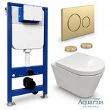Aquarius Bathrooms Wall Hung Toilet Brushed Brass / Round Aquarius Urbano Rimless Wall Hung Toilet Pack with Frame, Flush Plate, Soft Closing Seat and Hinge Covers